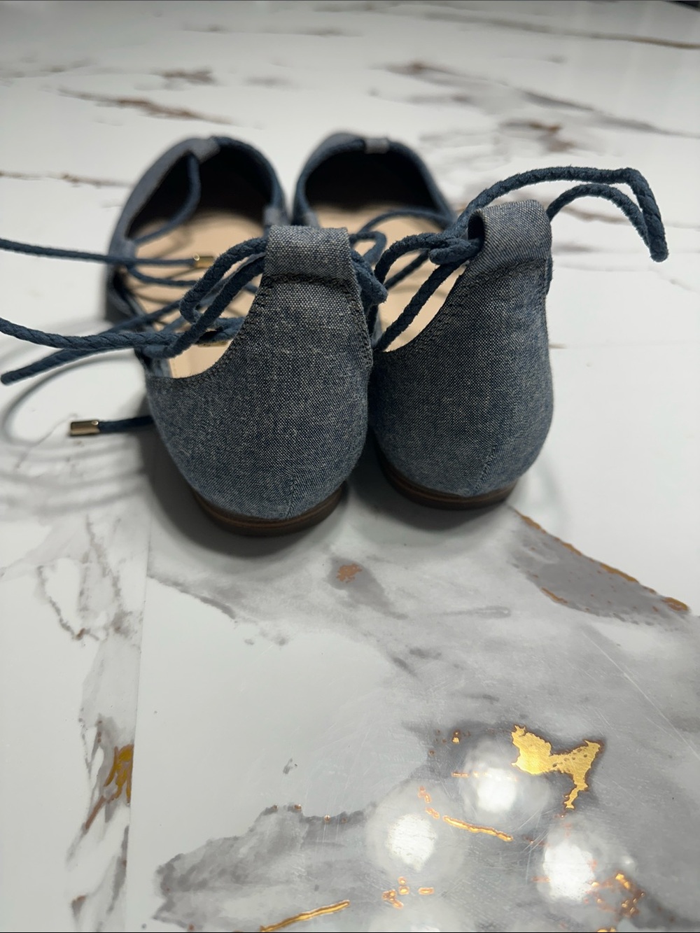 Jennifer Lopez Denim Lace-Up Flats Ballet Style Chic and Trendy. - Picture 7 of 12